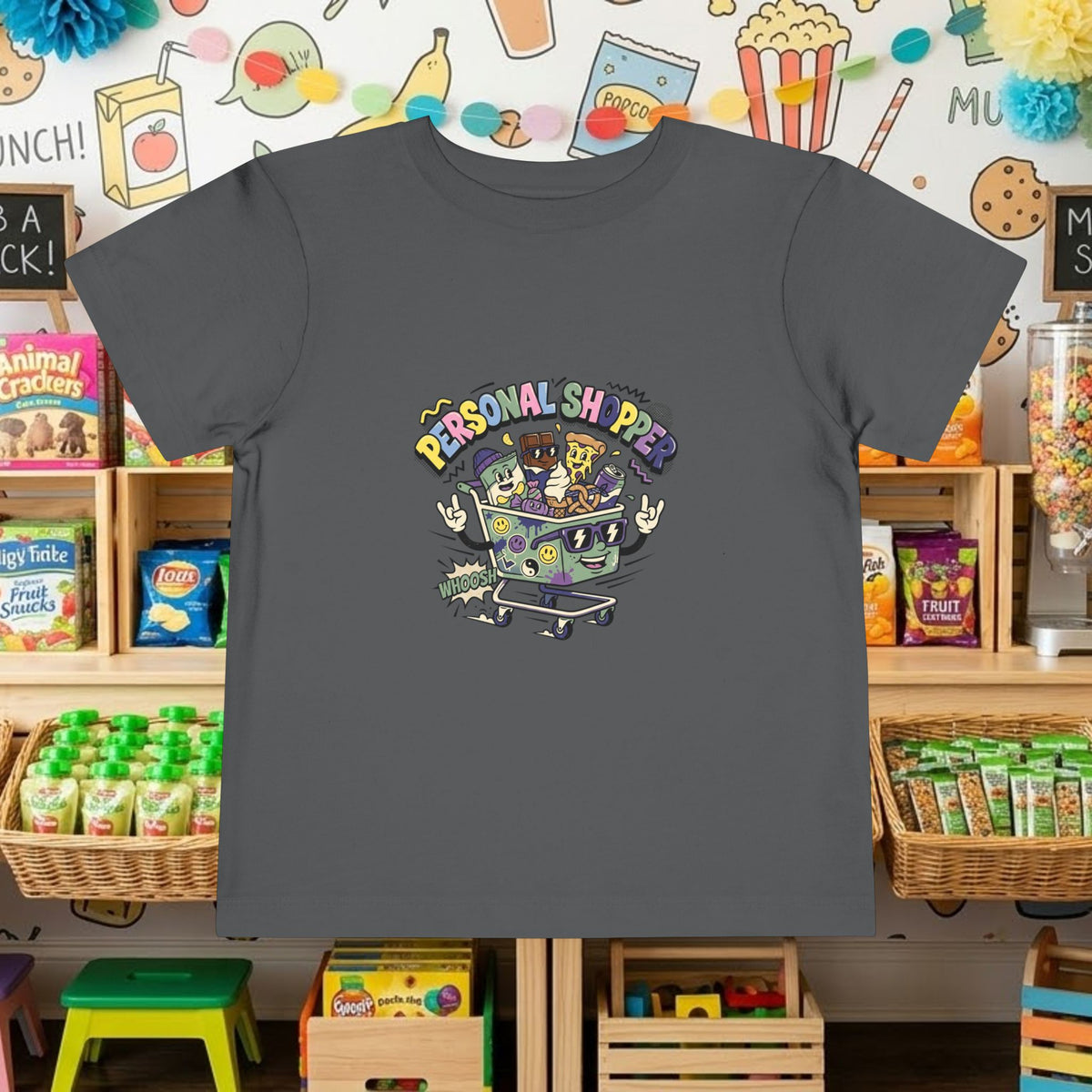 Toddler T-shirt in dark gray with “Personal Shopper” shopping cart graphic on front