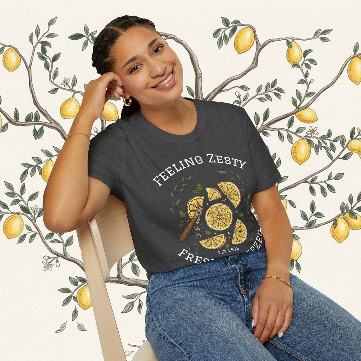 Dark graphic tee with lemon slice print and 'Fresh Squeezed' slogan