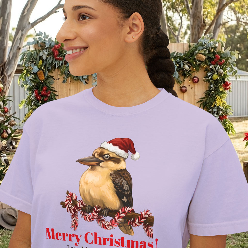 Lavender Christmas t-shirt with Santa-hat bird graphic and “Merry Christmas!”