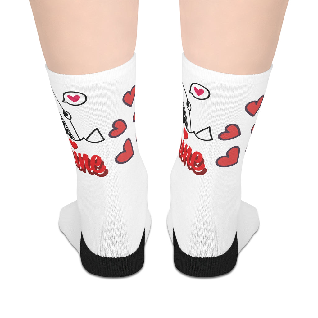 Kissing shark and love hearts crew socks by Kat&Co. Creations