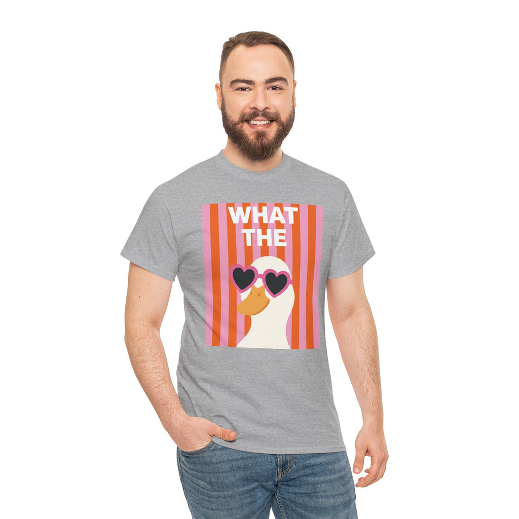 Heather gray T-shirt with duck heart sunglasses graphic, crew neck front