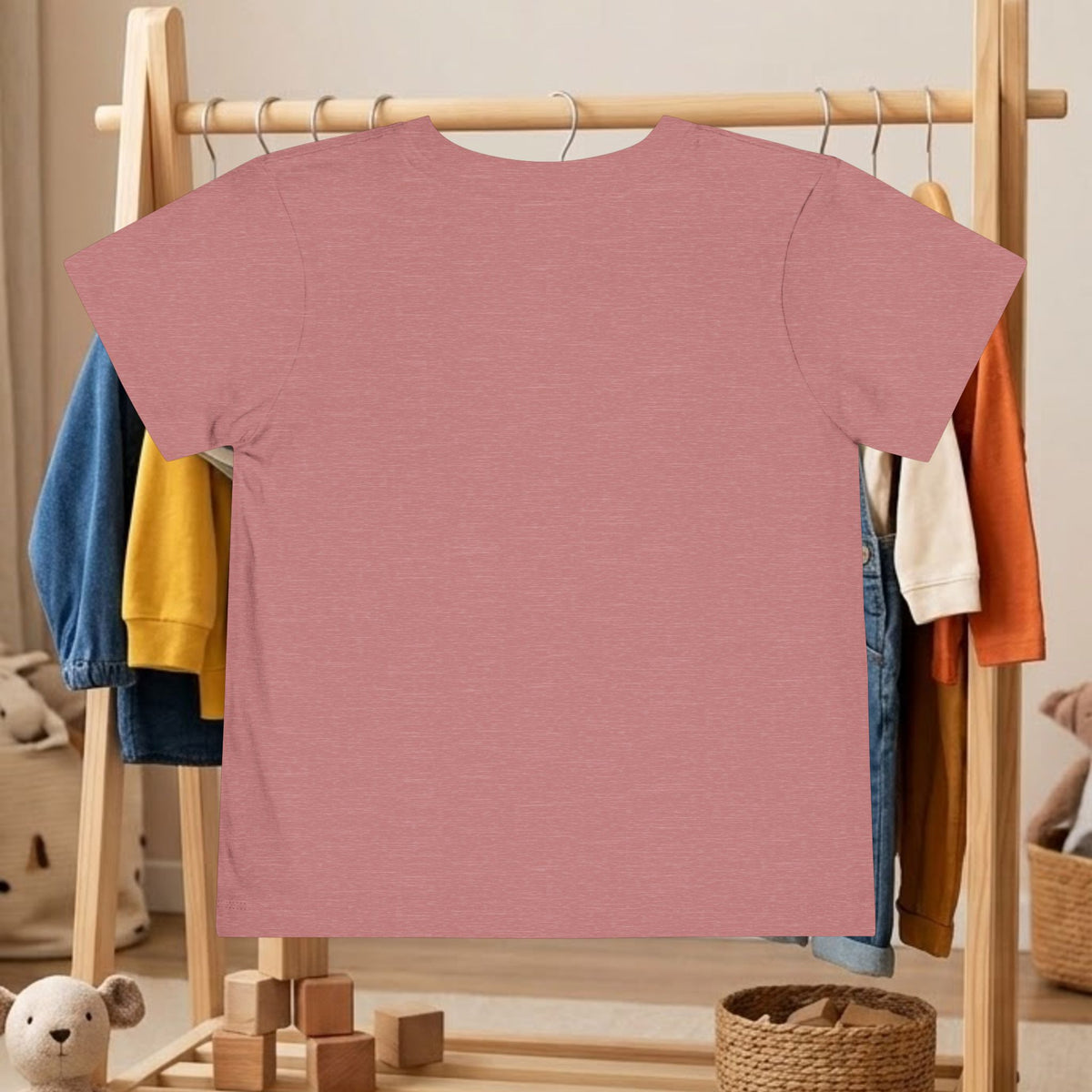 Dusty pink toddler crew-neck tee, plain back view on hanger