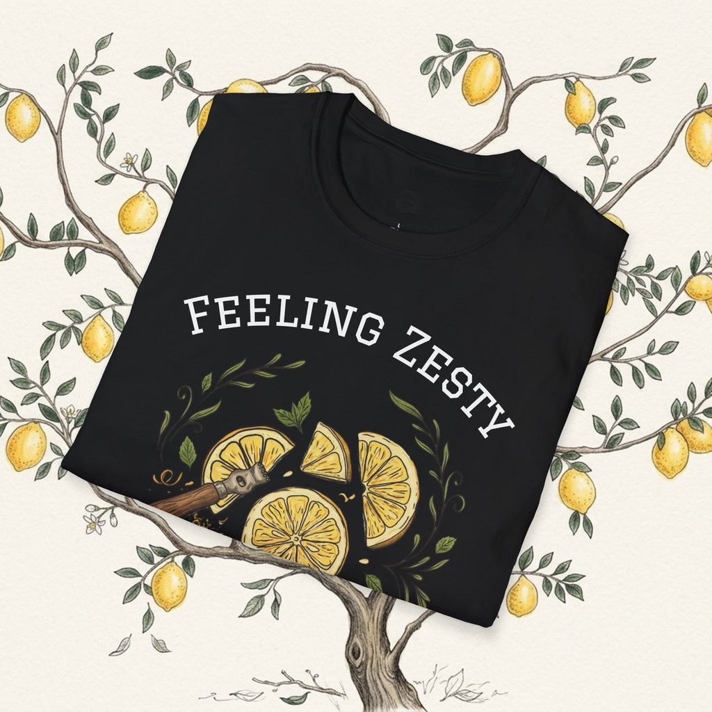 Black crew-neck graphic tee with lemon slice illustration and “FEELING ZESTY” text