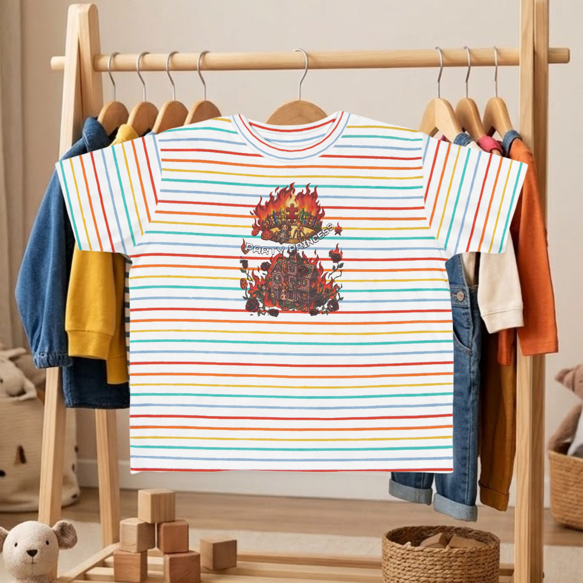 Toddler tee in white with multicolor horizontal stripes and fire graphic