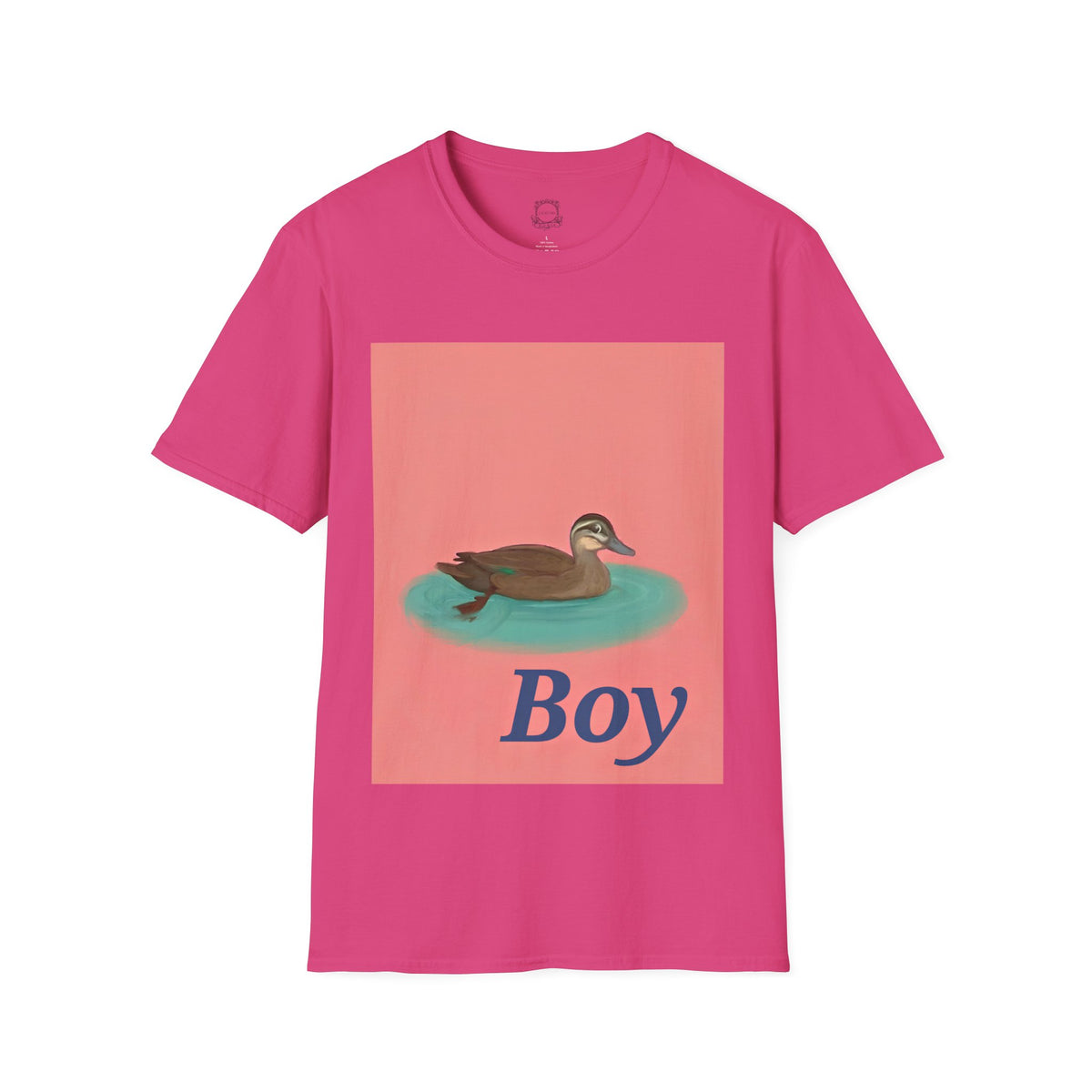 Rose pink crew-neck t-shirt with square duck-on-water graphic and 'Boy' text.