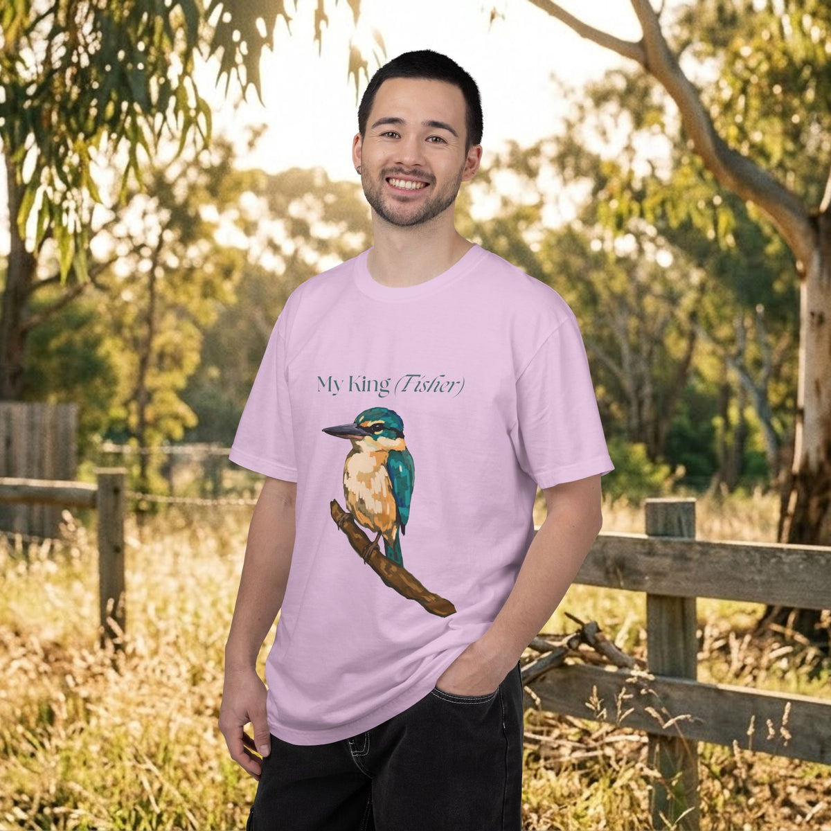 Lavender crewneck t-shirt with kingfisher graphic, outdoors on model