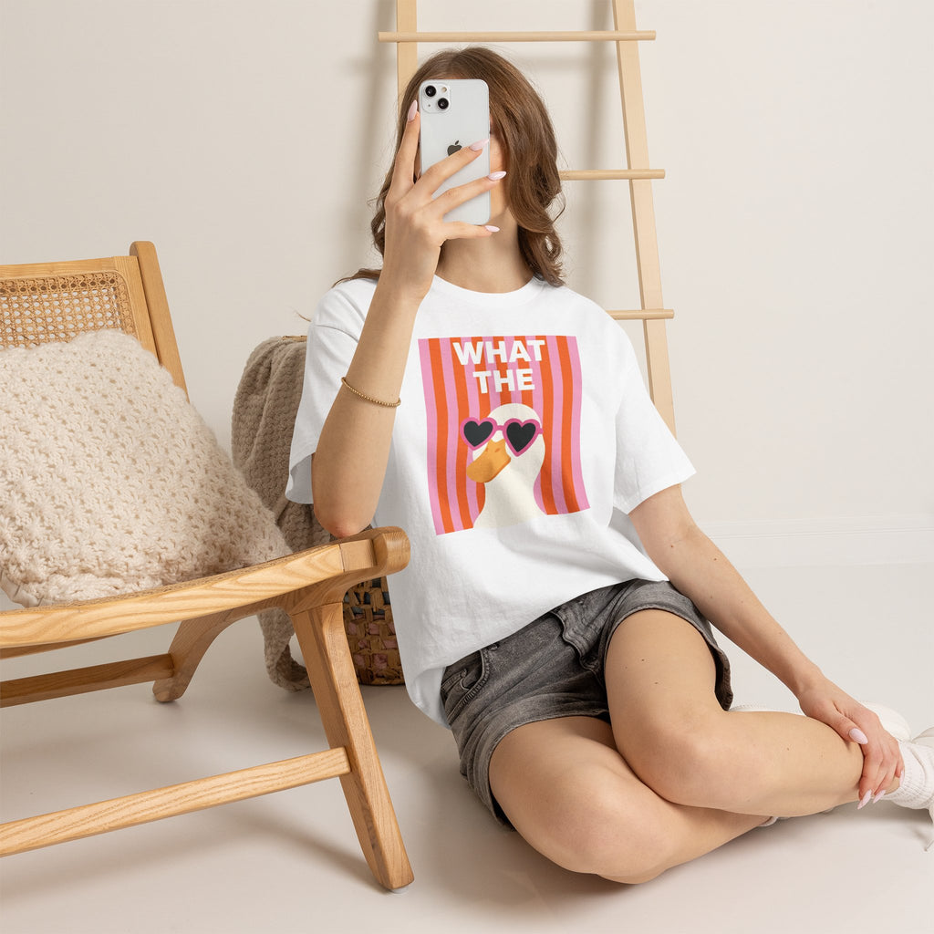 White cotton graphic tee with 'WHAT THE' retro heart sunglasses print