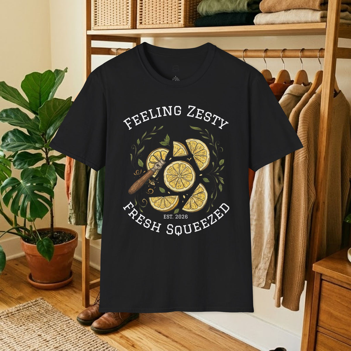 Citrus graphic tee in black with lemon slice illustration and “Fresh Squeezed” text