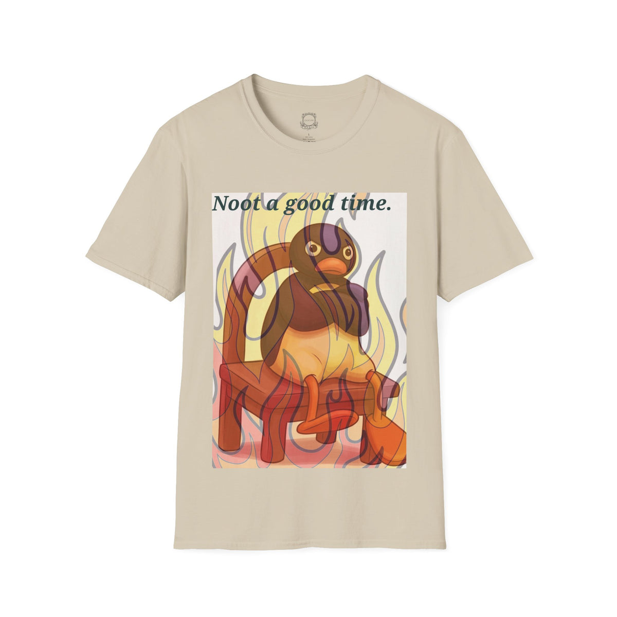 Beige crew-neck T-shirt with cartoon cat and flames graphic on front