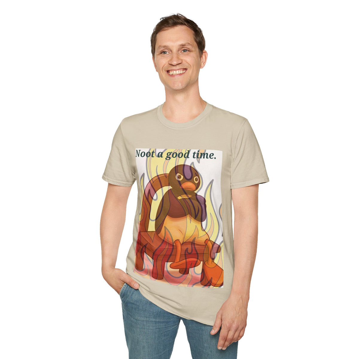 Natural beige tee with duck-in-flames graphic and 'Noot a good time' text on front