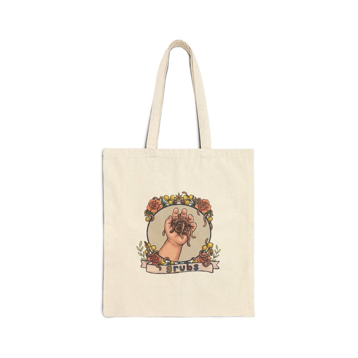Natural canvas tote bag with colorful hand-and-grubs graphic centered on front