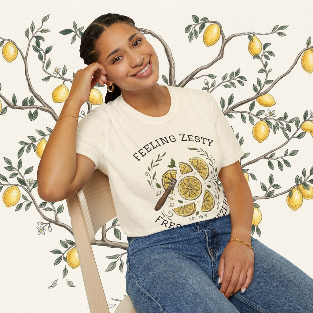 Light cream crew-neck graphic tee with lemon slice artwork and “FRESH SQUEEZED” text