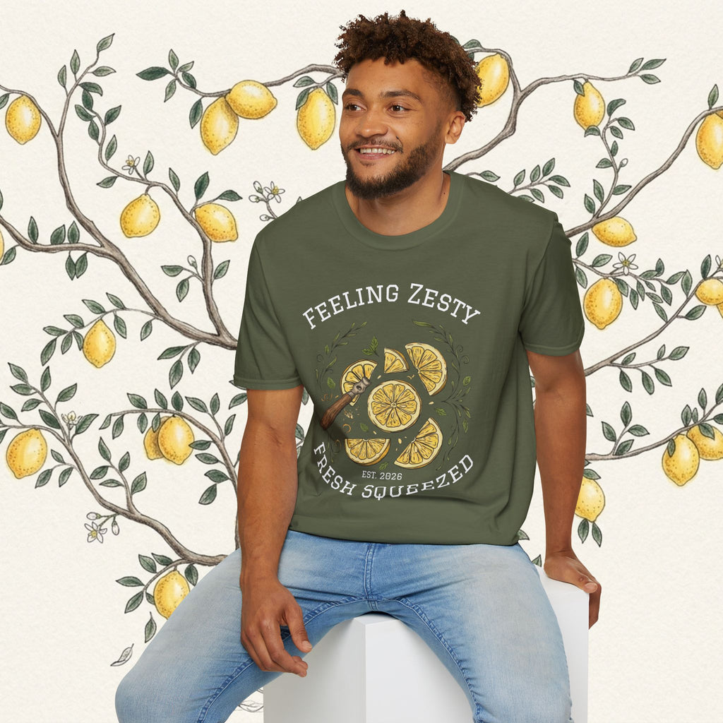 Olive green short-sleeve graphic tee with “FEELING ZESTY” citrus slice illustration