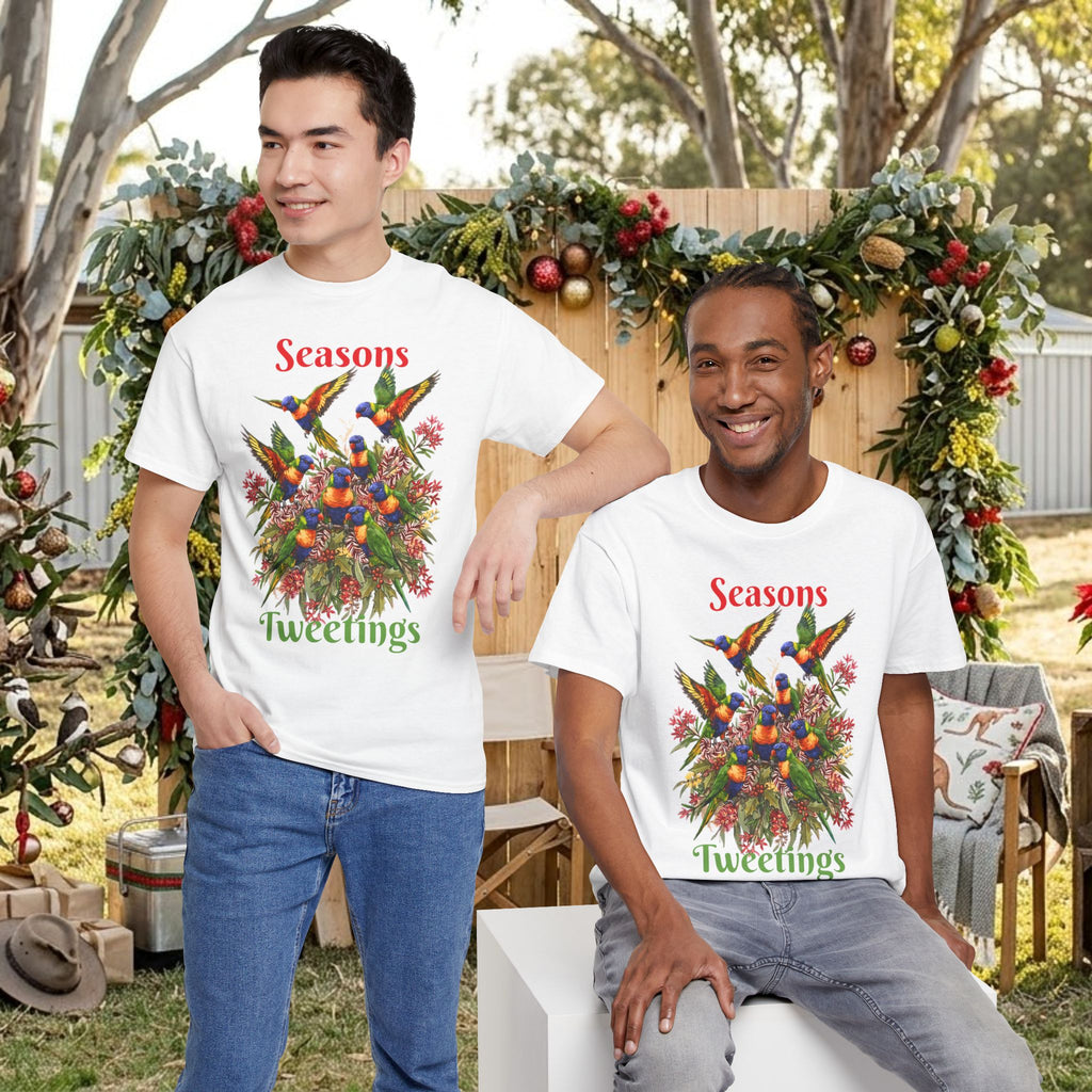 White T-shirt with colorful birds floral graphic and text "Seasons Tweettings", worn by two