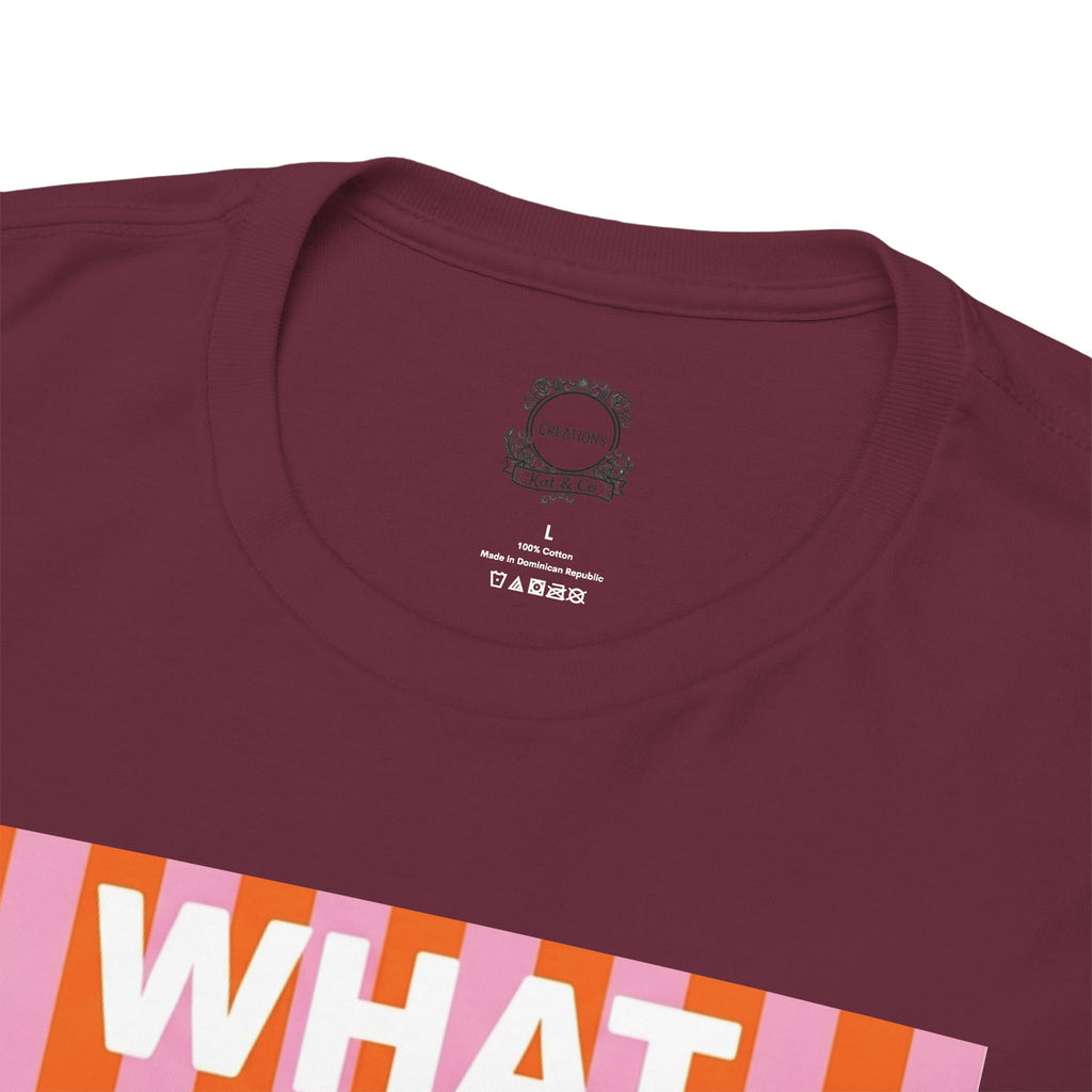 Maroon crewneck graphic tee with small chest emblem, cotton knit.