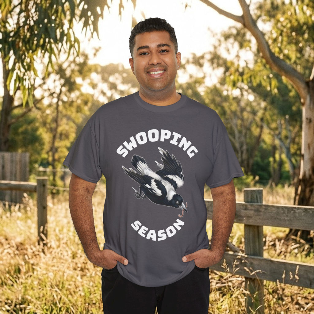 Charcoal/dark gray bird graphic t-shirt with flying bird and bold text
