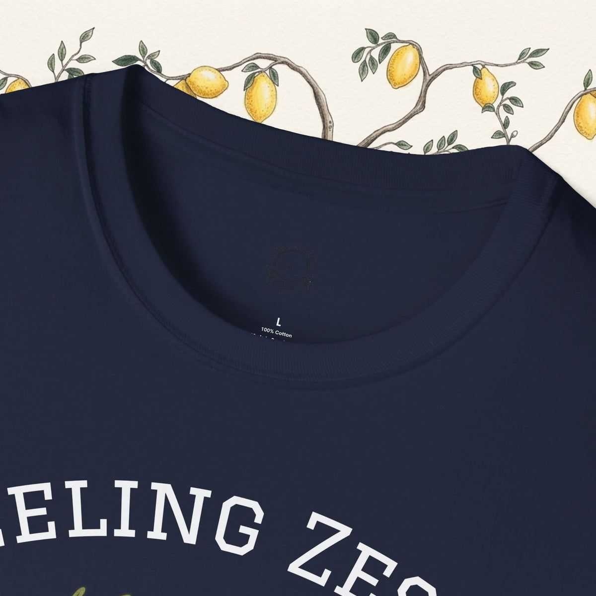 Navy crewneck T-shirt, citrus graphic detail on chest