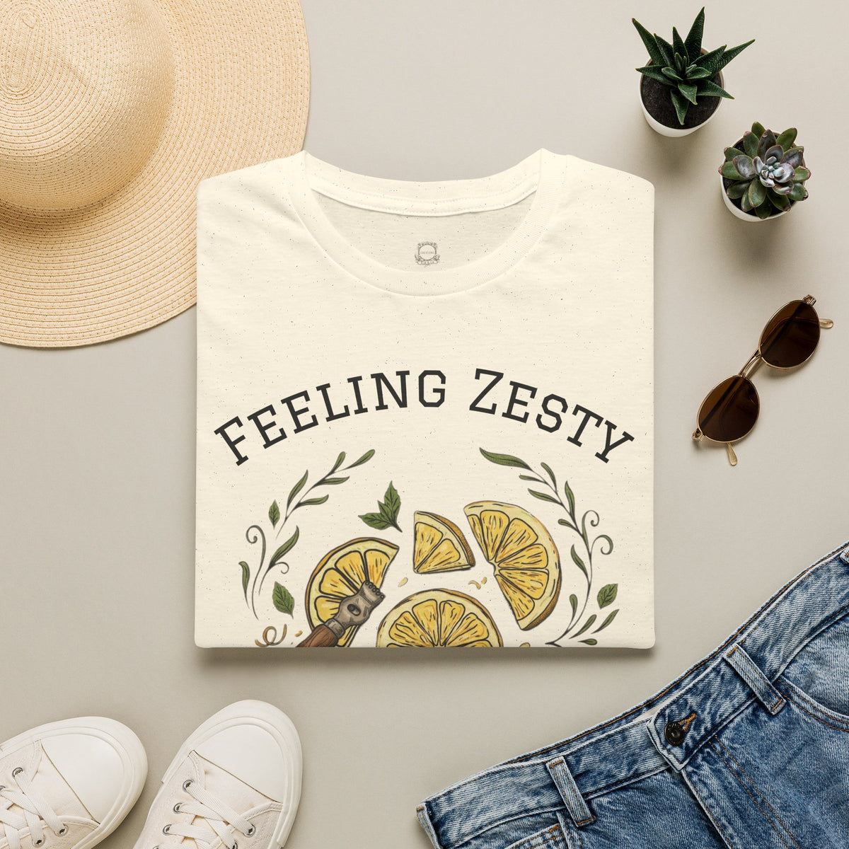 Cream graphic tee with “Feeling Zesty” lemon slice wreath illustration