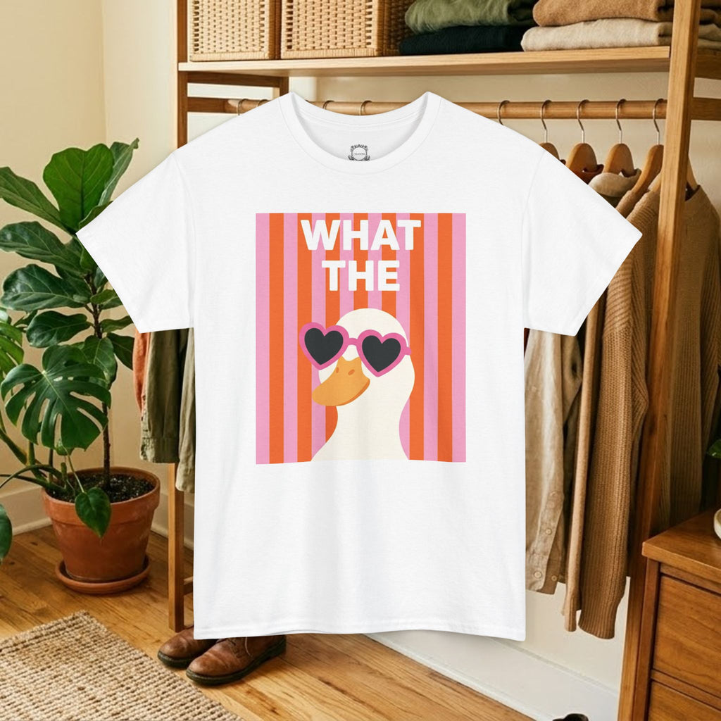 White crew-neck graphic tee with retro heart sunglasses artwork centered on chest