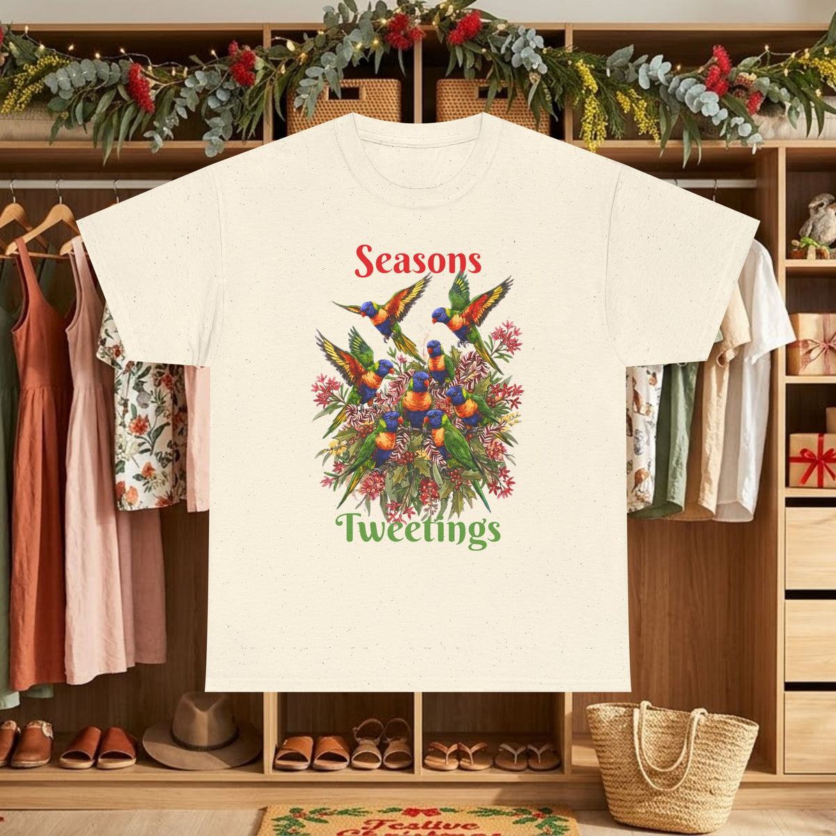 Cream T-shirt with colorful birds floral graphic and text "Seasons Tweettings"