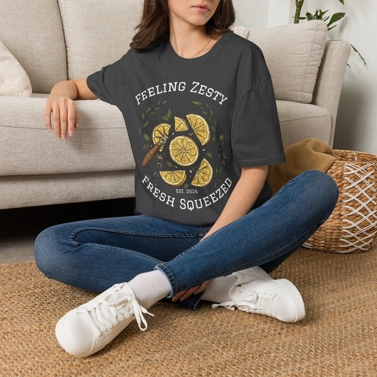 Charcoal graphic t-shirt with lemon slice print and 'Fresh Squeezed' text