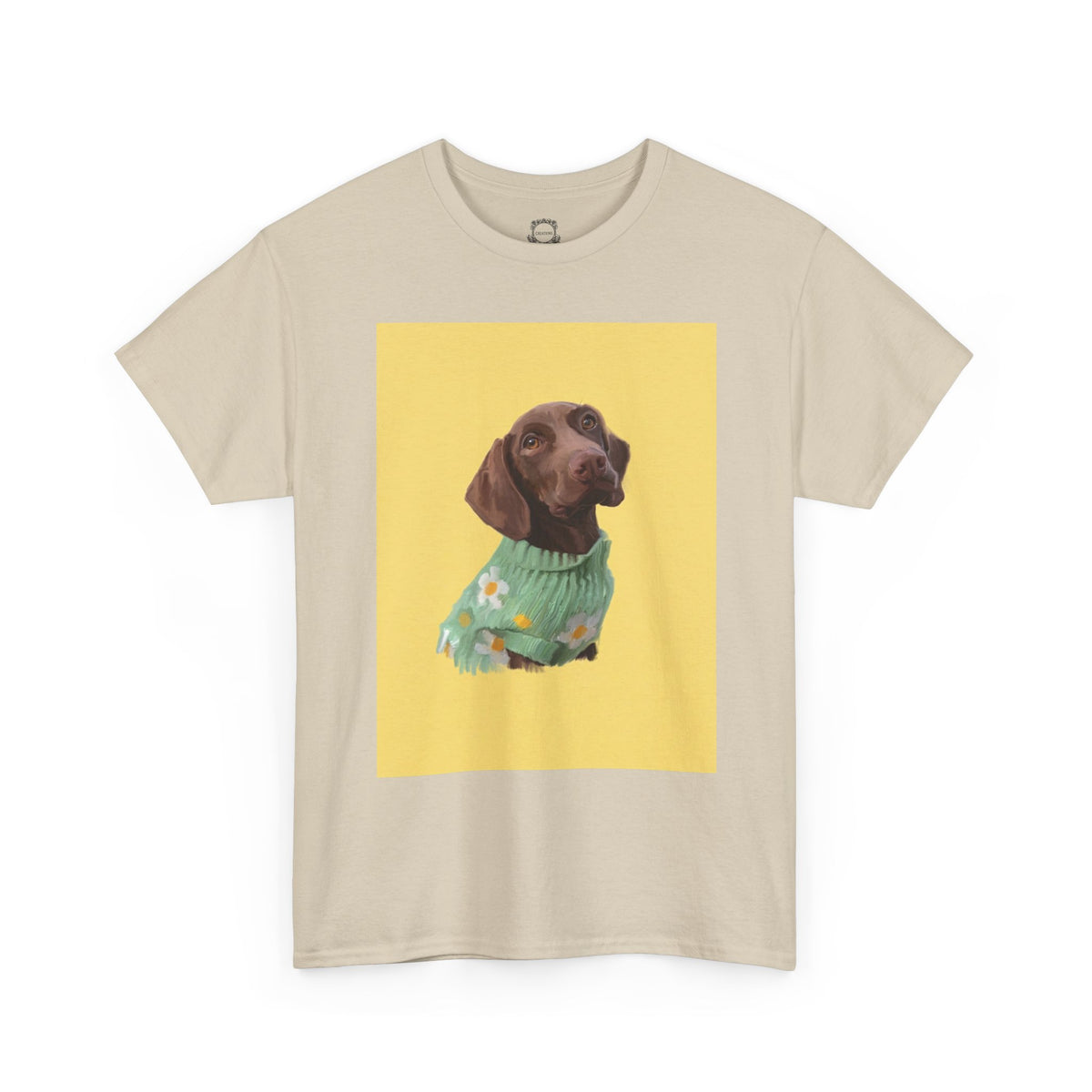 Natural beige pet t-shirt with dog portrait graphic on a yellow square