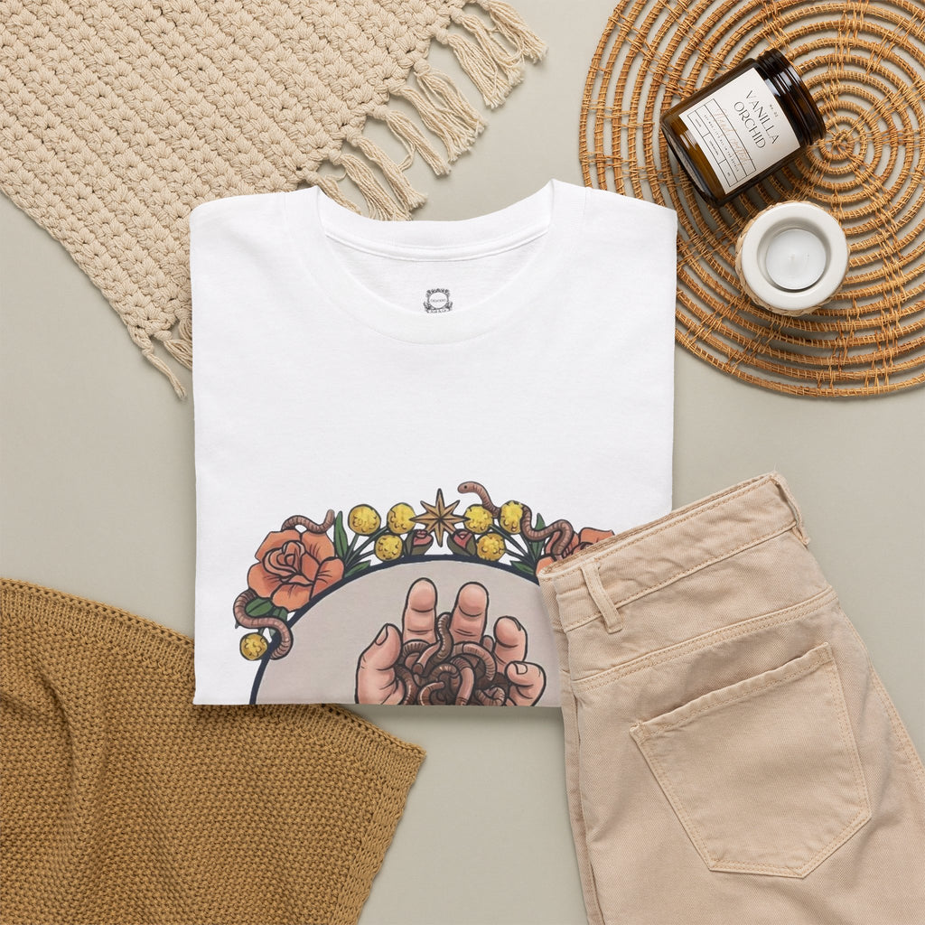 White T-shirt with circular tarot hands illustration across the chest