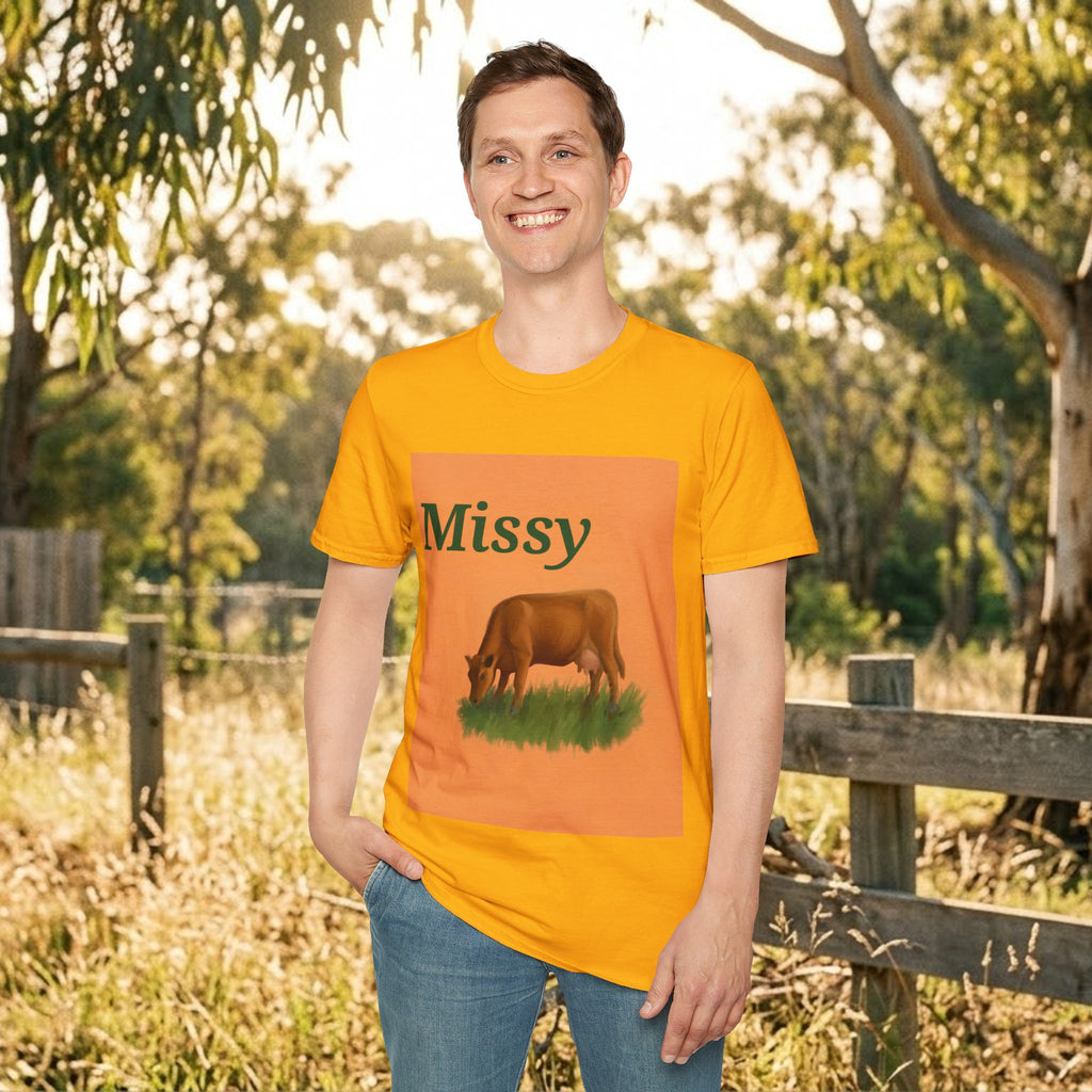 Orange Missy cow graphic T-shirt on male model standing outdoors