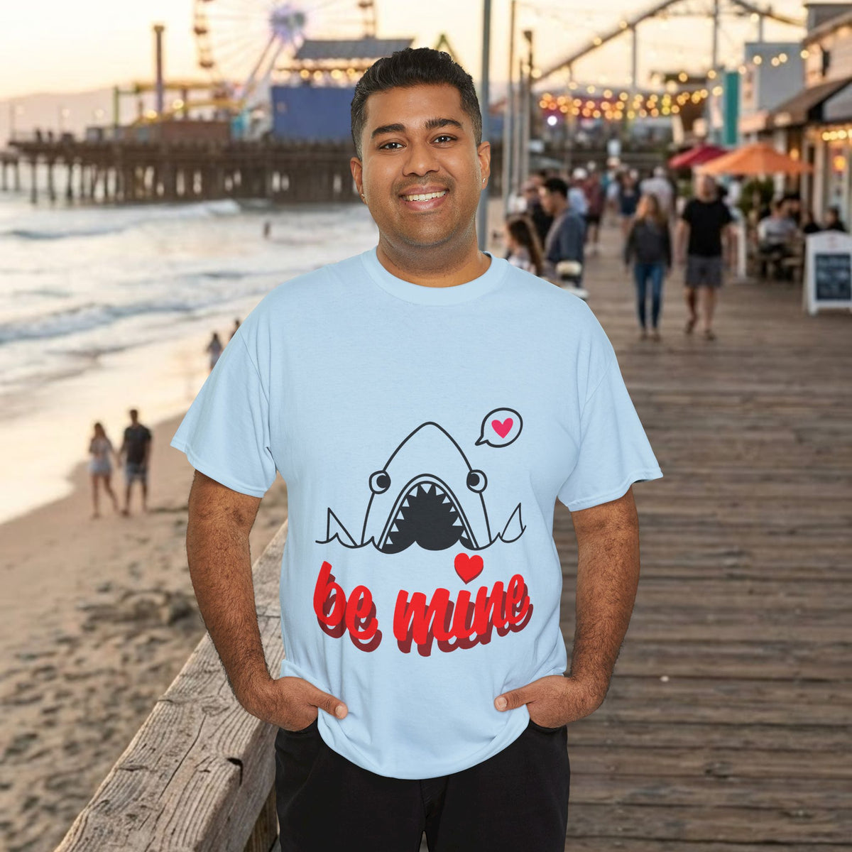 Light blue shark graphic T-shirt with red "be mine" print and heart details