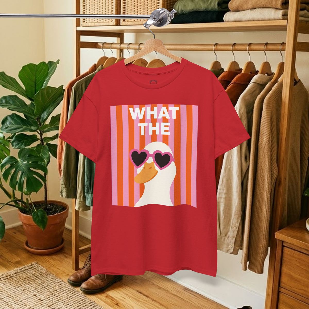 Red cotton graphic tee with 'WHAT THE' retro heart sunglasses print