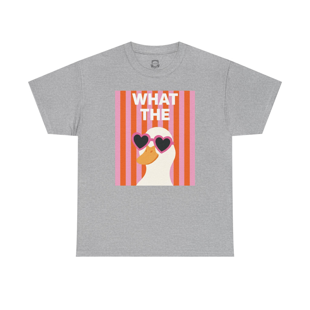 Heather gray cotton crewneck tee with square “WHAT THE” striped portrait and heart glasses.