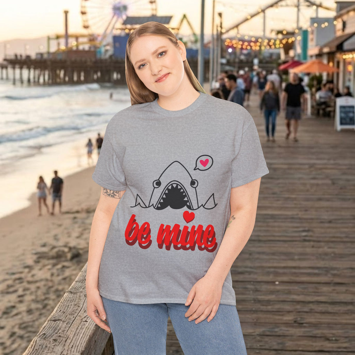 Heather gray t-shirt with shark graphic, red "be mine" text, and heart icons on front.