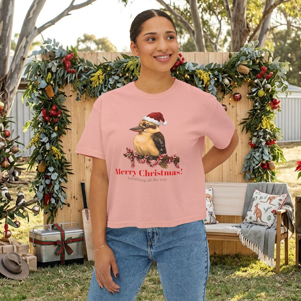 Dusty pink crewneck t-shirt with Santa-hat bird graphic and “Merry Christmas” text