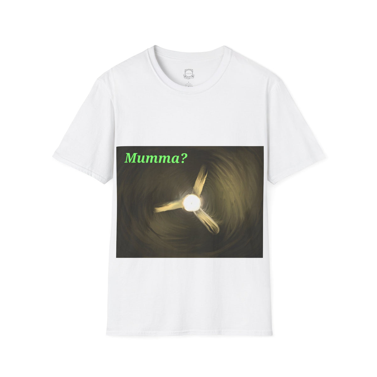 White crew-neck T-shirt with spooky ceiling fan graphic and green 'Mumma?' text