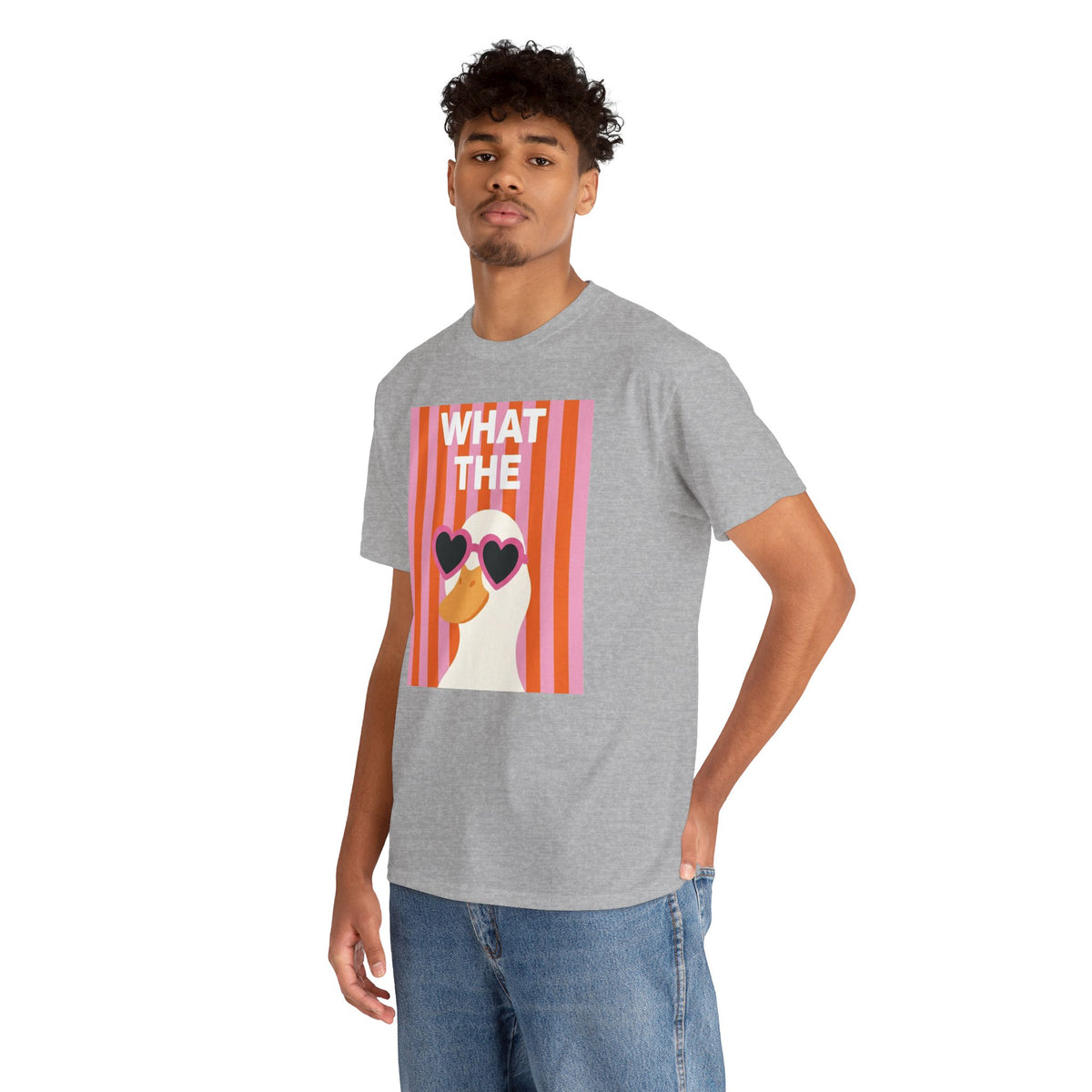 Heather gray T-shirt with duck heart sunglasses graphic, angled side view