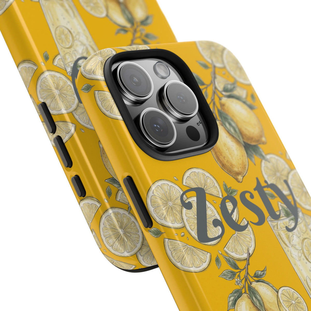 Close-up yellow tough phone case with citrus pattern; camera cutout and side button openings.