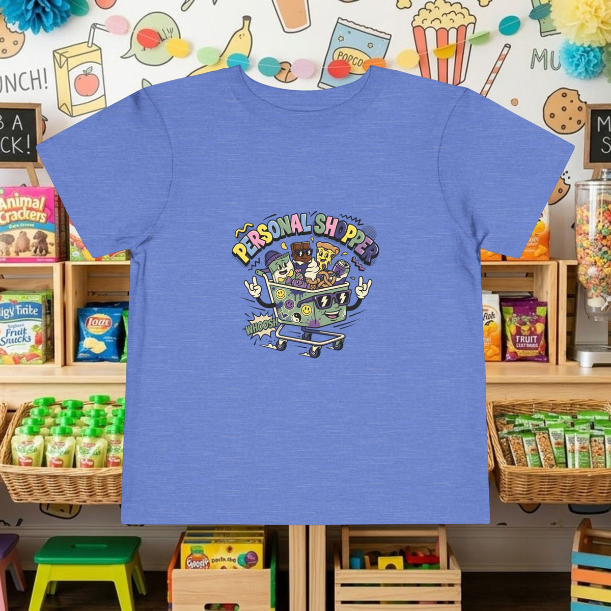 Toddler T-shirt in periwinkle blue with “Personal Shopper” shopping cart graphic on front