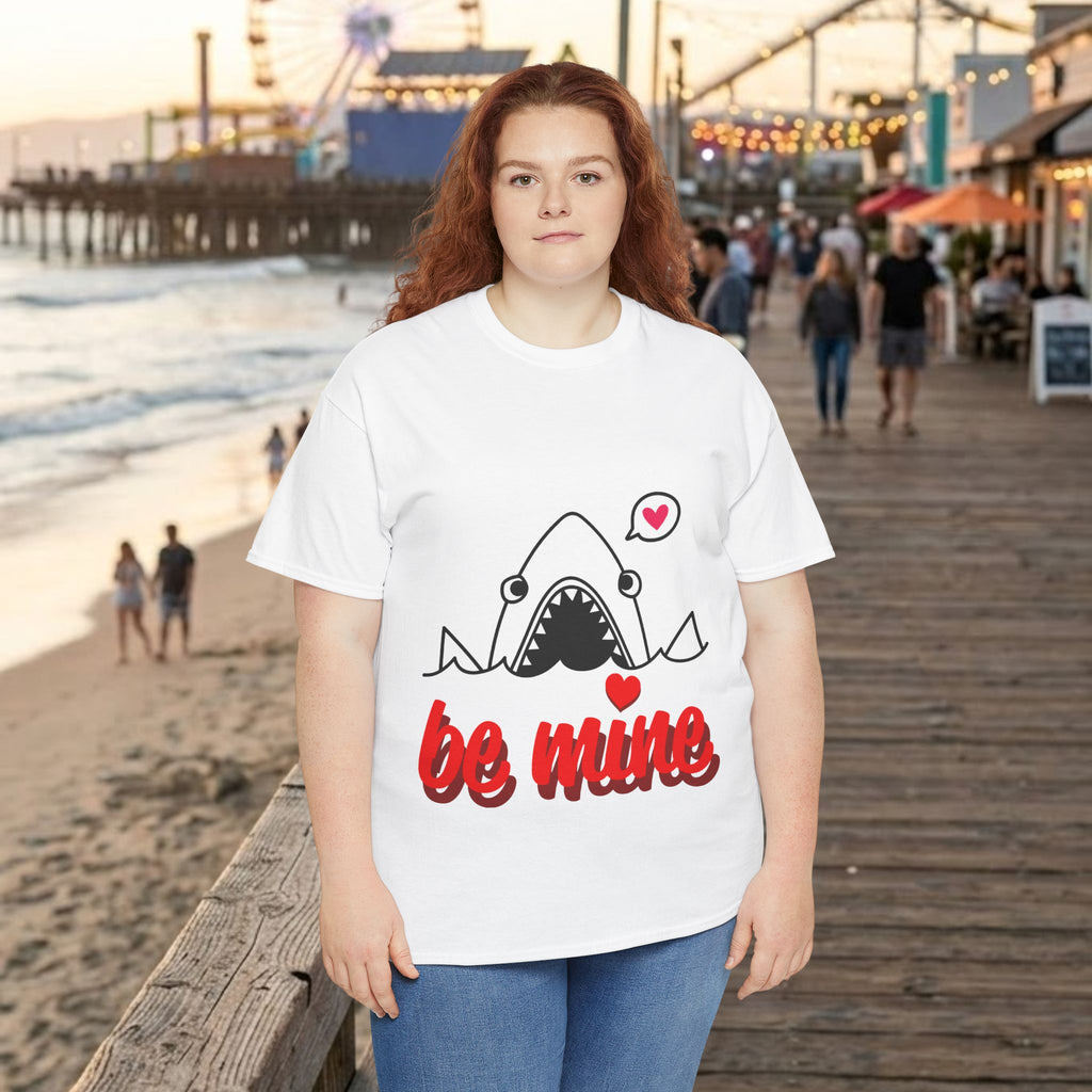 White crew-neck T-shirt with shark graphic and red "be mine" lettering