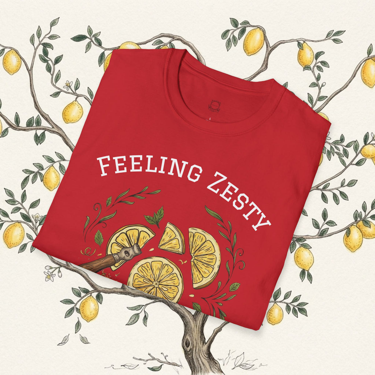 Red crewneck t-shirt with “Feeling Zesty” lemon slice graphic