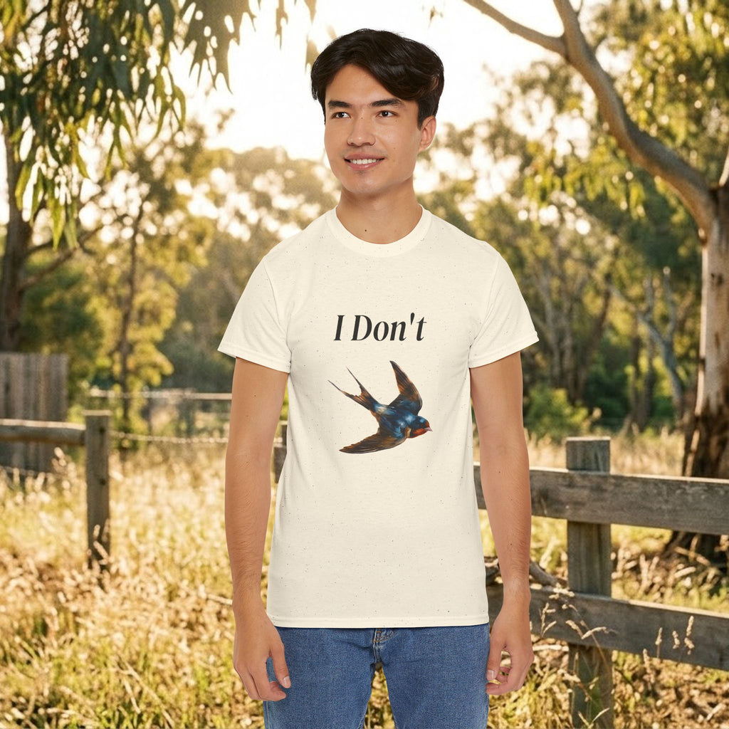 Natural/off-white graphic T-shirt with “I Don’t” text and bird illustration