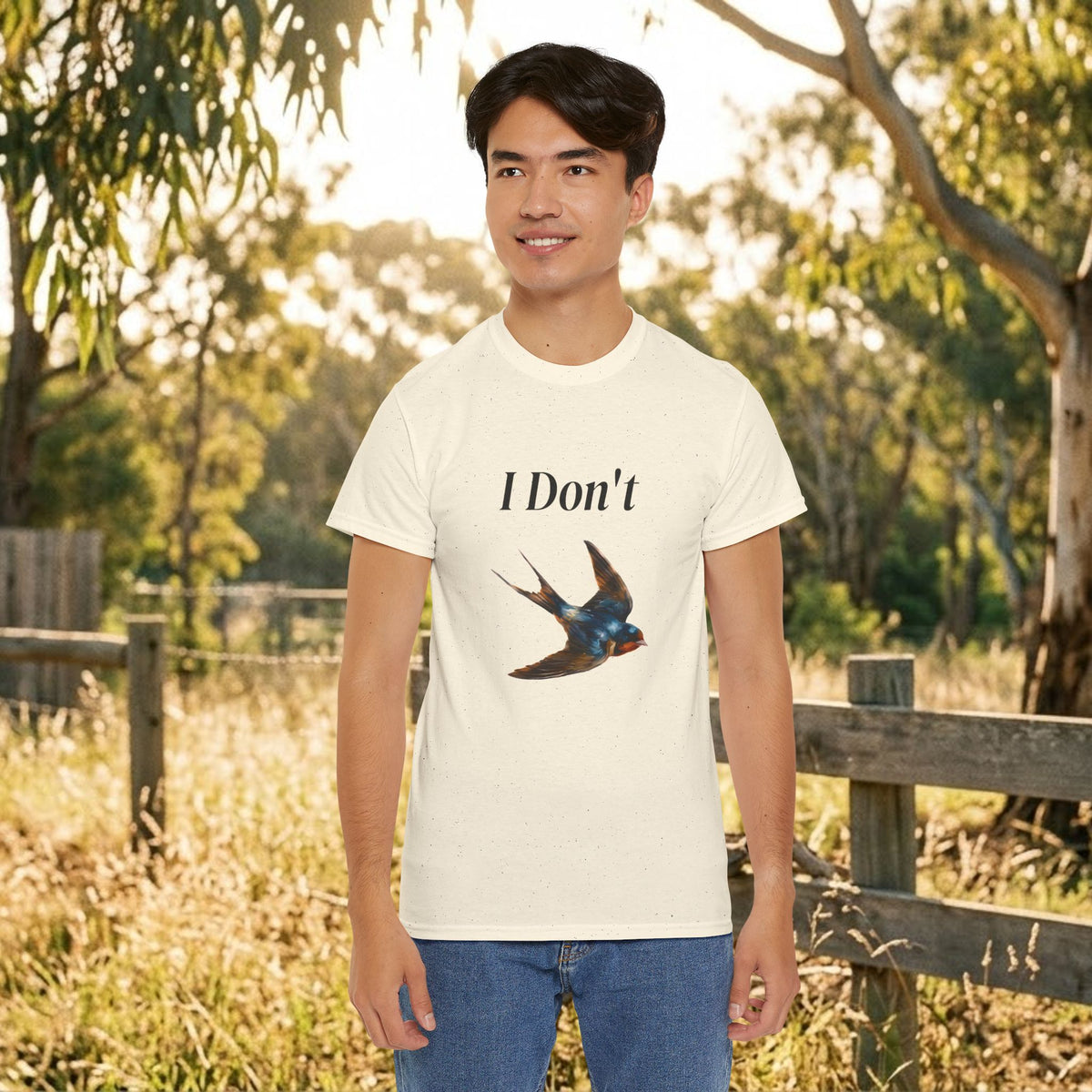 Natural/off-white graphic T-shirt with “I Don’t” text and bird illustration