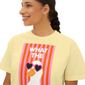Butter crew-neck graphic tee with “WHAT THE” text and duck wearing heart glasses
