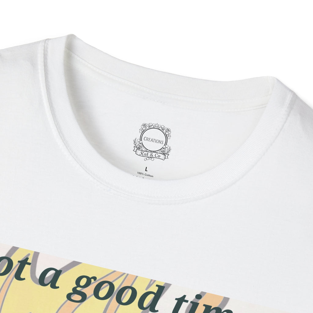 White crew-neck T-shirt neckline with small brand tag label