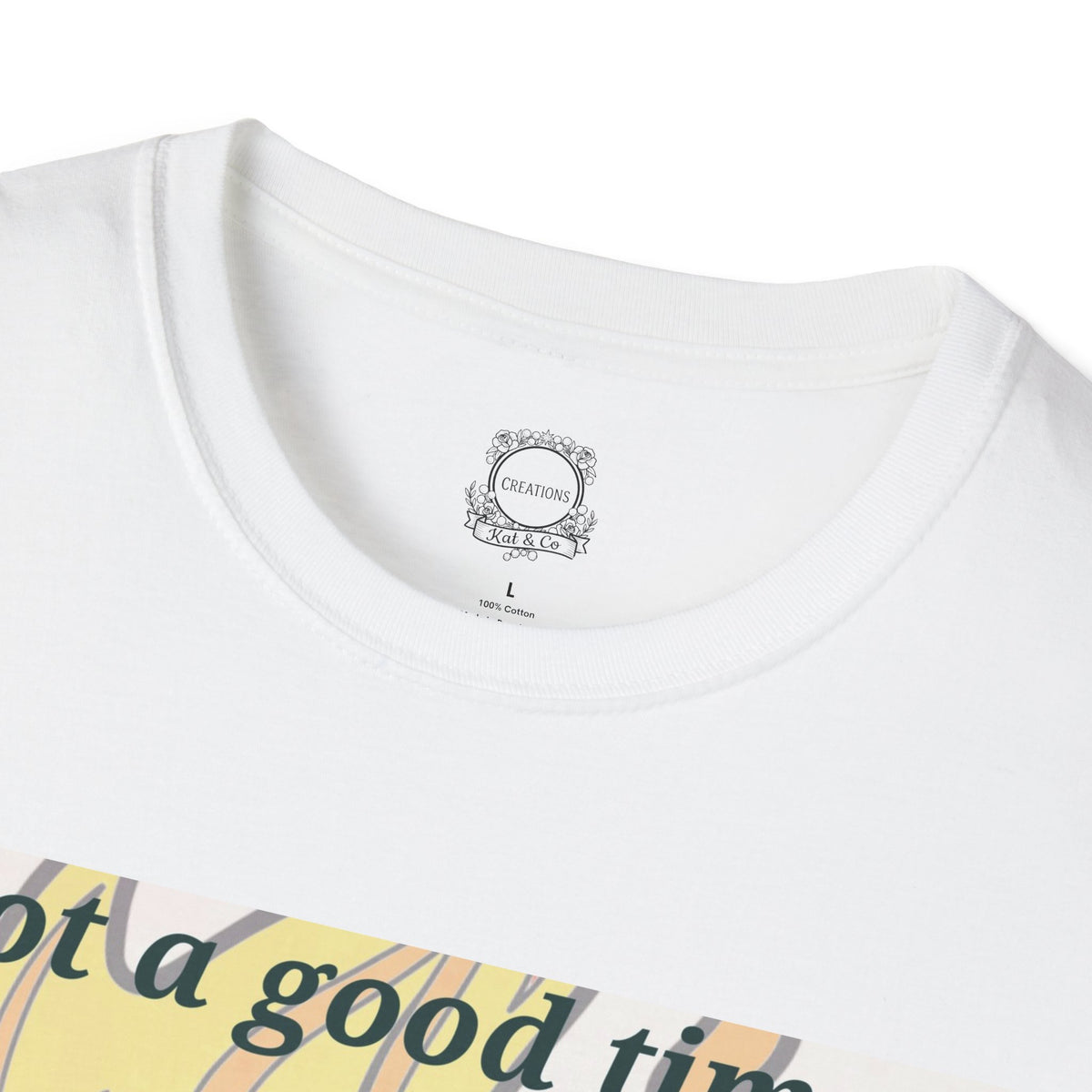 White crew-neck T-shirt neckline with small brand tag label