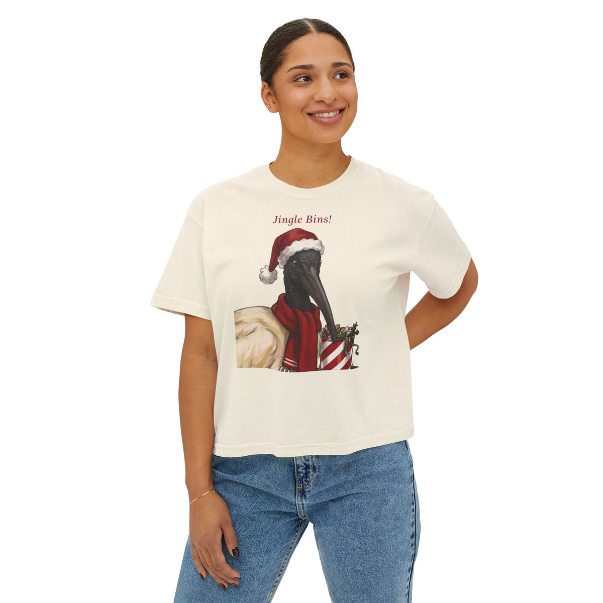 Ivory T-shirt with 'Jingle Bins!' ibis in Santa hat front print