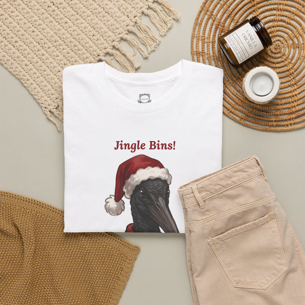 White graphic T-shirt with ibis in Santa hat and “Jingle Bins!” front print.