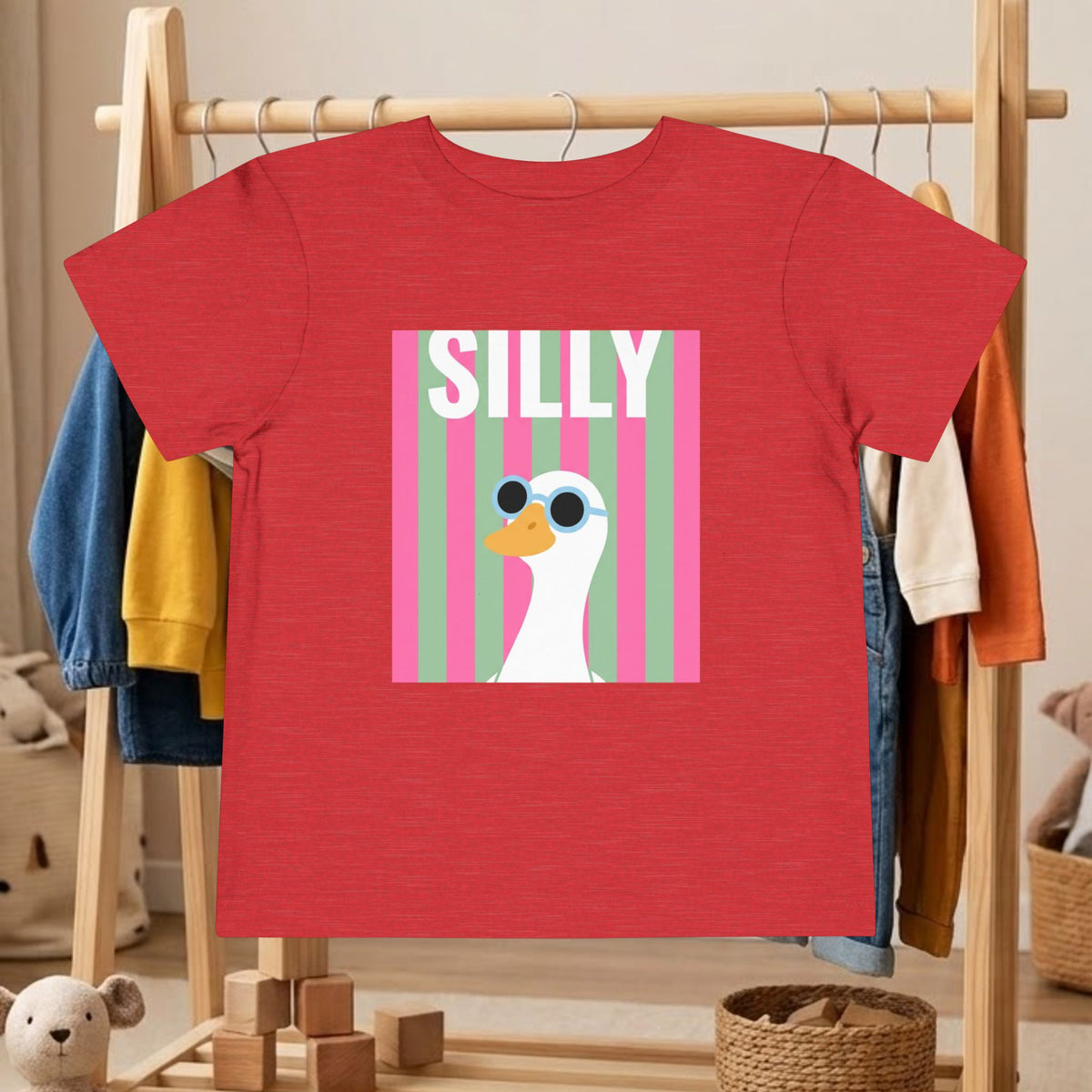 Red toddler graphic tee with 'SILLY' duck sunglasses square front print