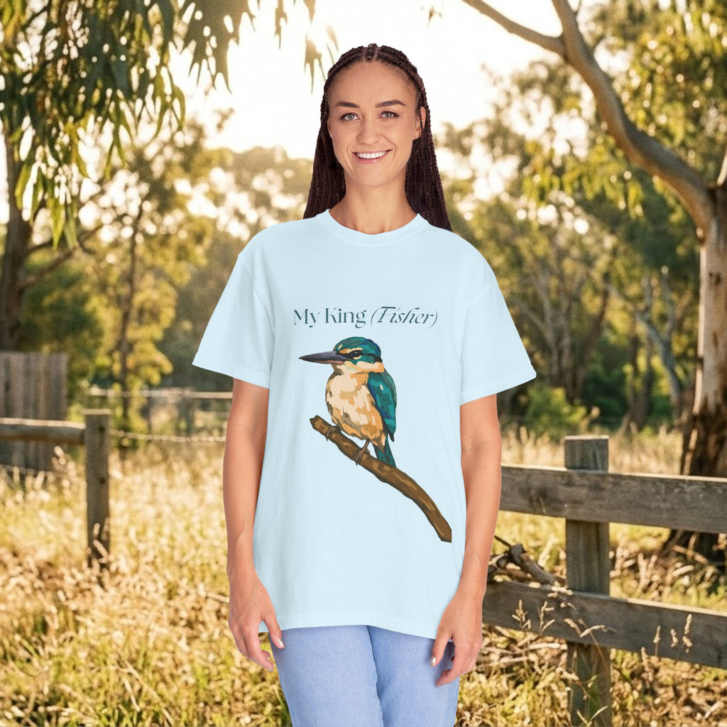 Light blue crewneck T-shirt with kingfisher bird illustration on the front