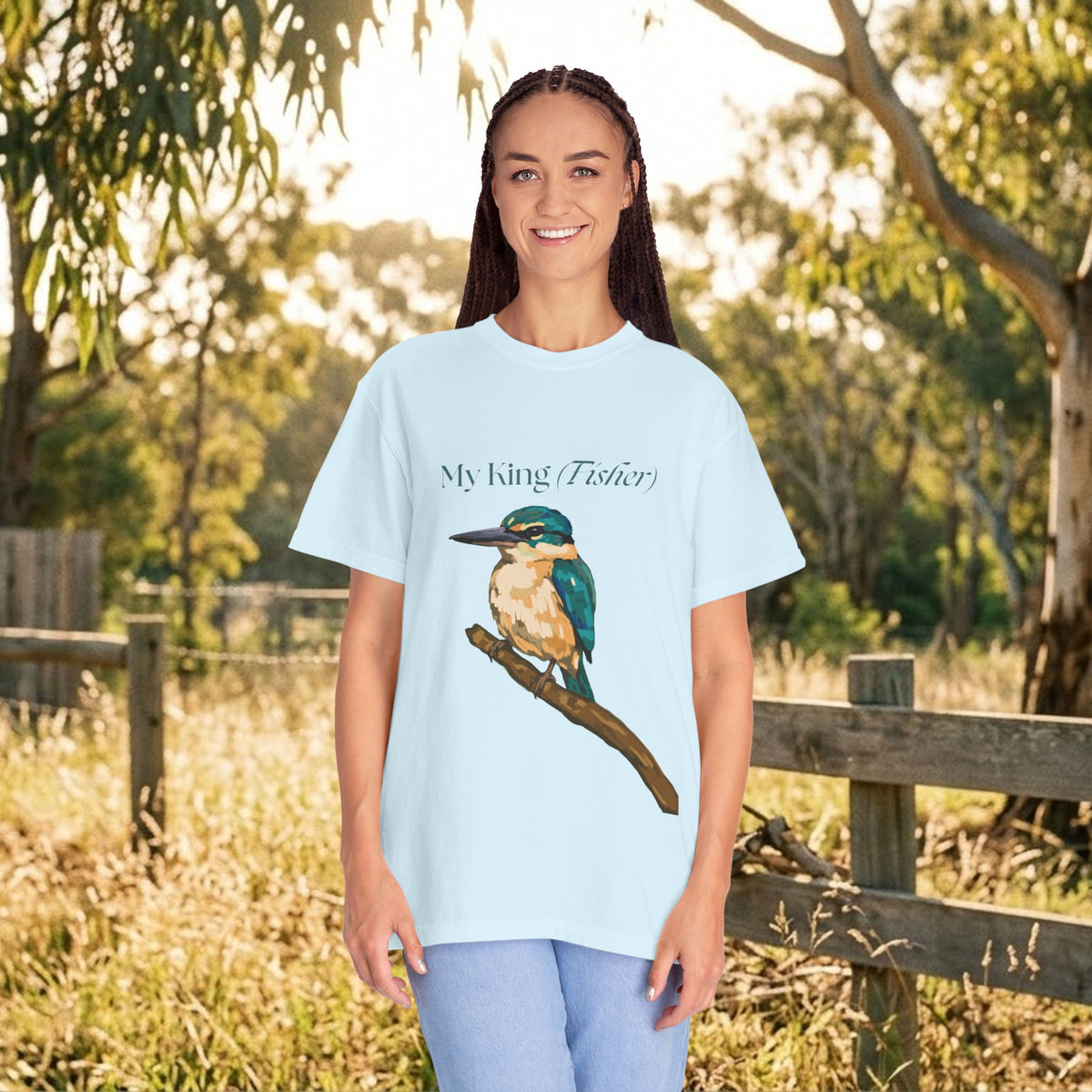 Light blue crewneck T-shirt with kingfisher bird illustration on the front
