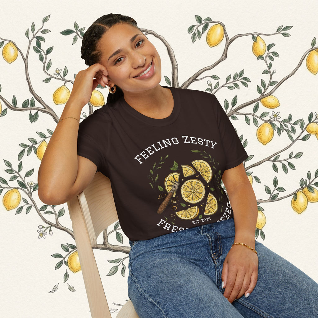 Dark brown graphic t-shirt with lemon slice artwork and 'Feeling Zesty' text.